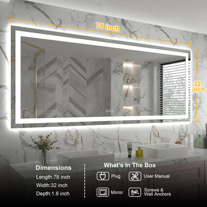 72" X 32" Tempered Glass Frameless LED Bathroom Mirror with Front and Backlight, Stepless Dimmable Wall Mirrors with Anti-Fog, 3 Colors, LED Vanity Mirror(Horizontal/Vertical)