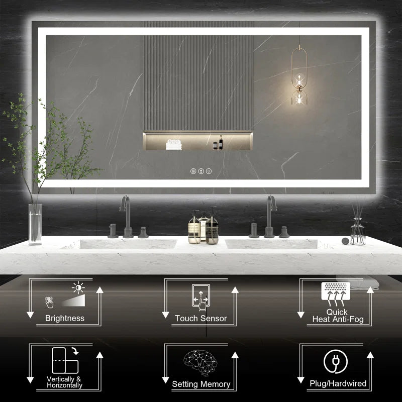 72" X 36" Tempered Glass Frameless LED Bathroom Mirror with Front and Backlight, Stepless Dimmable Wall Mirrors with Anti-Fog, 3 Colors, LED Vanity Mirror(Horizontal/Vertical)