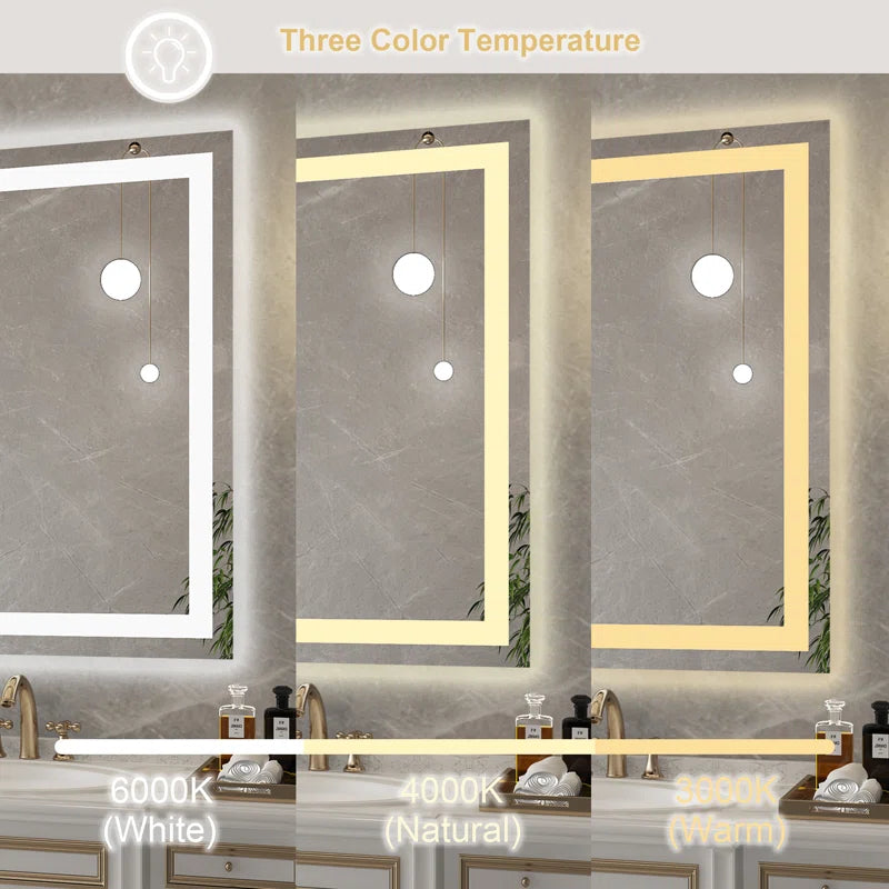 36" X 28" Tempered Glass Frameless LED Bathroom Mirror with Front and Backlight, Stepless Dimmable Wall Mirrors with Anti-Fog, 3 Colors, LED Vanity Mirror(Horizontal/Vertical)