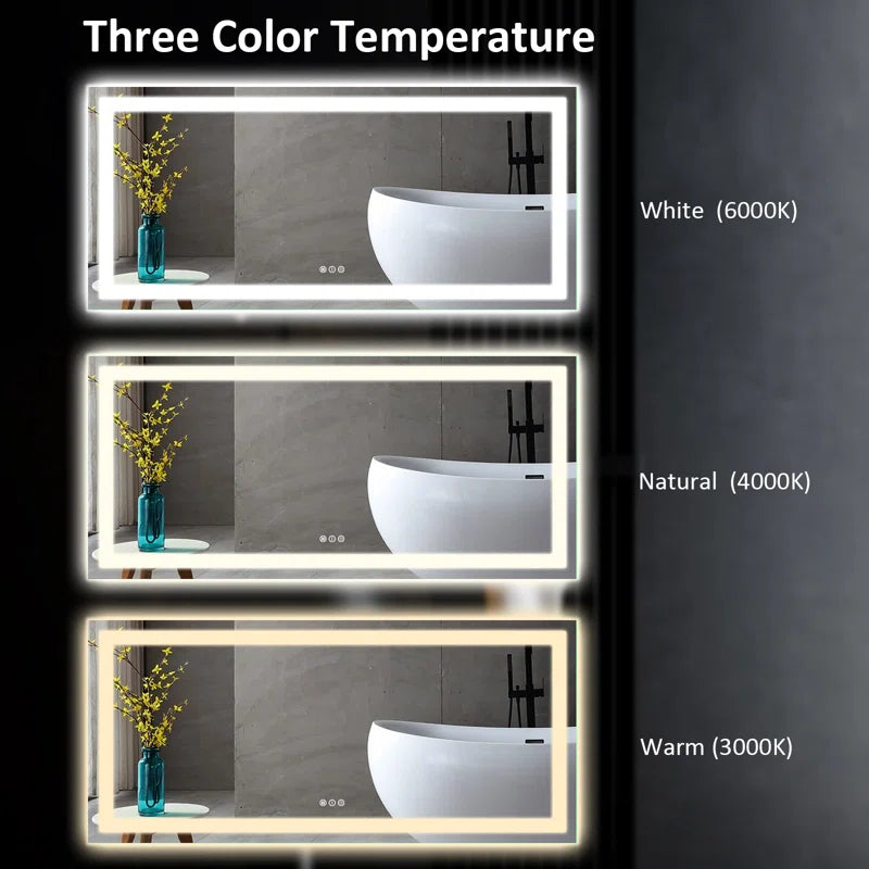 60''x28'' Tempered Glass Frameless LED Bathroom Mirror with Front and Backlight, Stepless Dimmable Wall Mirrors with Anti-Fog, 3 Colors, LED Vanity Mirror(Horizontal/Vertical)