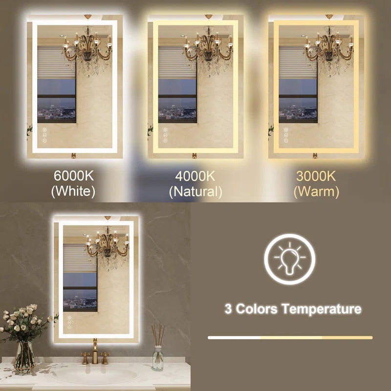 32" X 24" Tempered Glass Frameless LED Bathroom Mirror with Front and Backlight, Stepless Dimmable Wall Mirrors with Anti-Fog, 3 Colors, LED Vanity Mirror(Horizontal/Vertical)