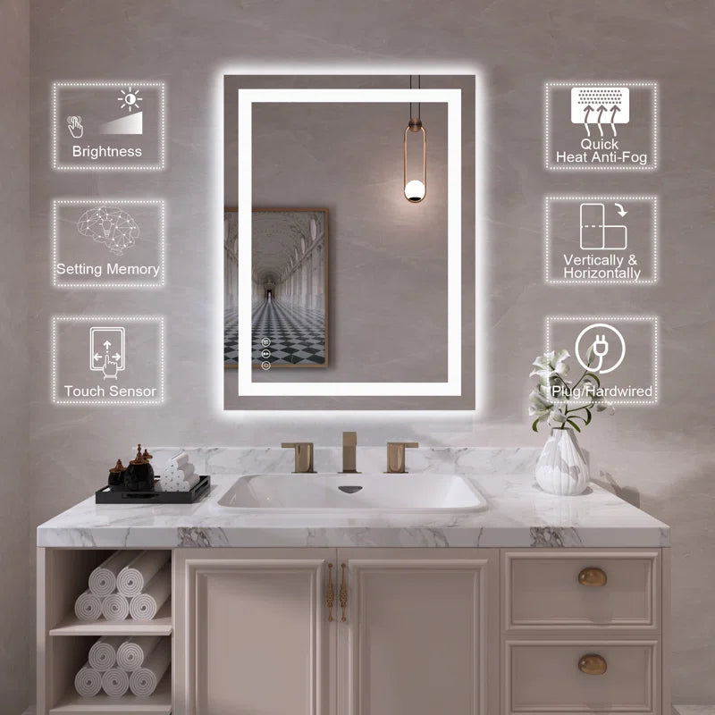 32" X 24" Tempered Glass Frameless LED Bathroom Mirror with Front and Backlight, Stepless Dimmable Wall Mirrors with Anti-Fog, 3 Colors, LED Vanity Mirror(Horizontal/Vertical)