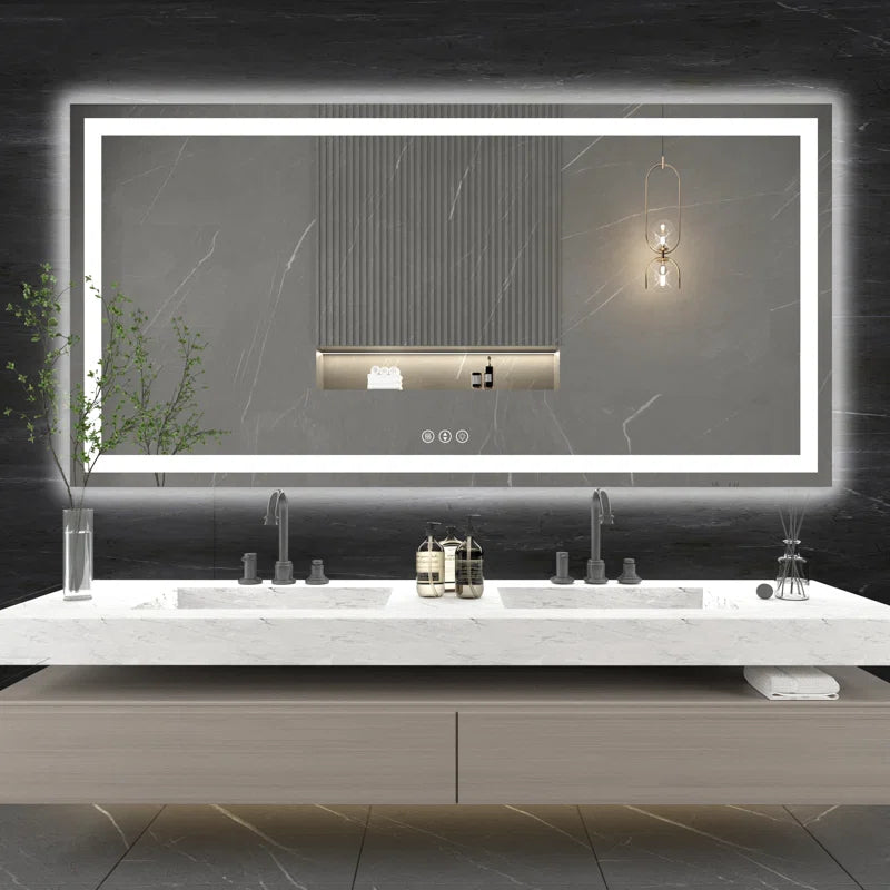 72" X 36" Tempered Glass Frameless LED Bathroom Mirror with Front and Backlight, Stepless Dimmable Wall Mirrors with Anti-Fog, 3 Colors, LED Vanity Mirror(Horizontal/Vertical)