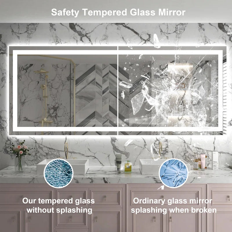 72" X 32" Tempered Glass Frameless LED Bathroom Mirror with Front and Backlight, Stepless Dimmable Wall Mirrors with Anti-Fog, 3 Colors, LED Vanity Mirror(Horizontal/Vertical)