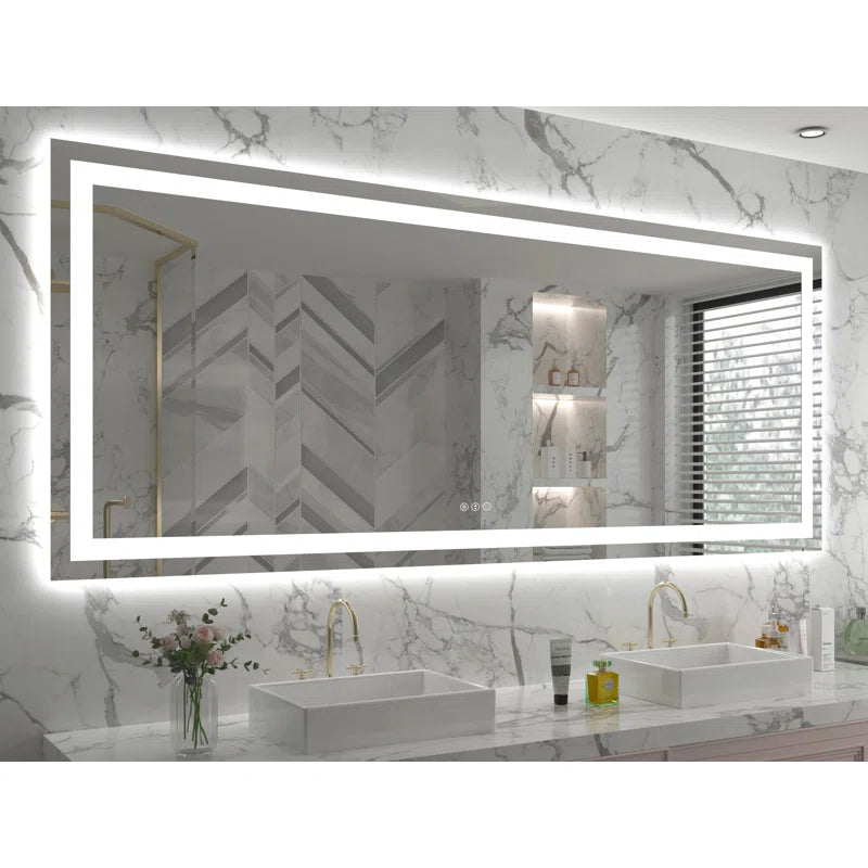 72" X 32" Tempered Glass Frameless LED Bathroom Mirror with Front and Backlight, Stepless Dimmable Wall Mirrors with Anti-Fog, 3 Colors, LED Vanity Mirror(Horizontal/Vertical)