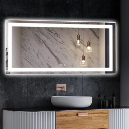 60''x28'' Tempered Glass Frameless LED Bathroom Mirror with Front and Backlight, Stepless Dimmable Wall Mirrors with Anti-Fog, 3 Colors, LED Vanity Mirror(Horizontal/Vertical)