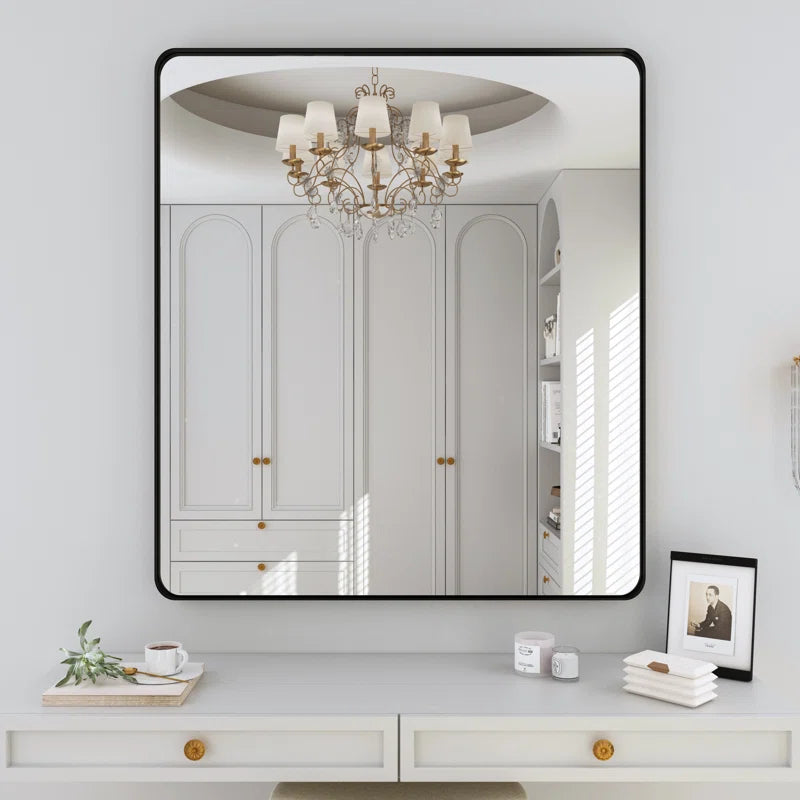 32" x 36"Filleted Corner Wall Mounted Mirror, Bathroom Mirror, Vanity Wall Mirror With Metal Frame