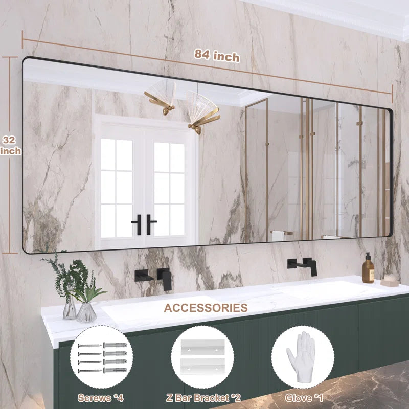 84" x 32"Filleted Corner Wall Mounted Mirror, Bathroom Mirror, Vanity Wall Mirror With Metal Frame