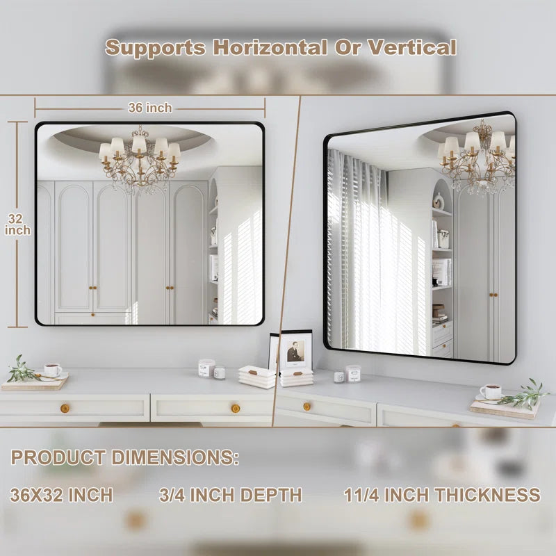 32" x 36"Filleted Corner Wall Mounted Mirror, Bathroom Mirror, Vanity Wall Mirror With Metal Frame