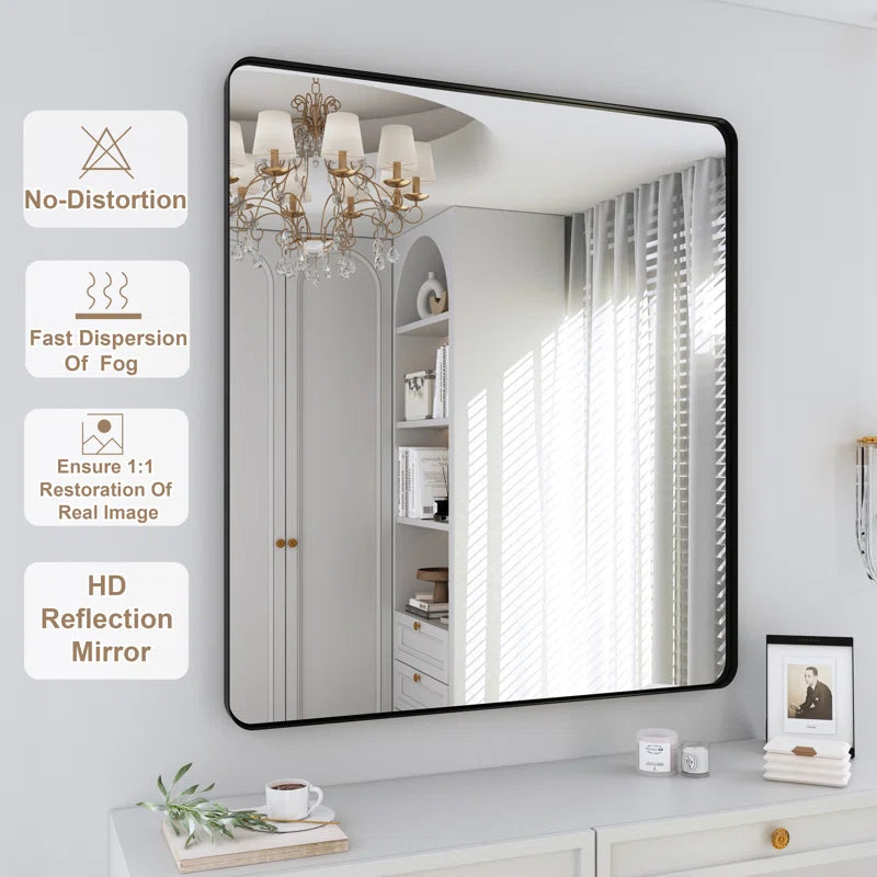 32" x 36"Filleted Corner Wall Mounted Mirror, Bathroom Mirror, Vanity Wall Mirror With Metal Frame