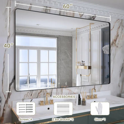 40" x 24"Filleted Corner Wall Mounted Mirror, Bathroom Mirror, Vanity Wall Mirror With Metal Frame