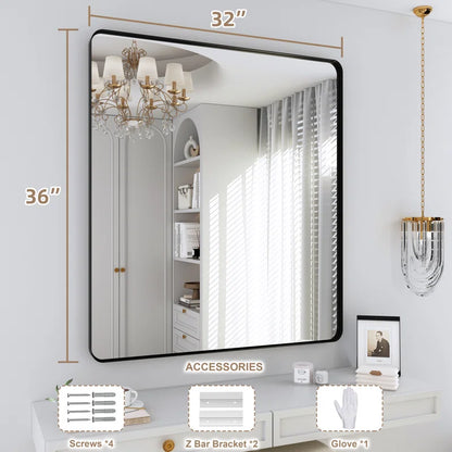 32" x 36"Filleted Corner Wall Mounted Mirror, Bathroom Mirror, Vanity Wall Mirror With Metal Frame