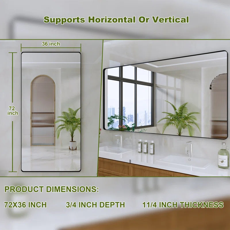 72" x 36"Filleted Corner Wall Mounted Mirror, Bathroom Mirror, Vanity Wall Mirror With Metal Frame