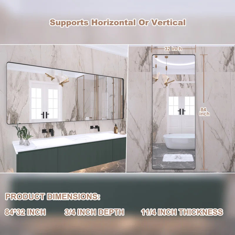 84" x 32"Filleted Corner Wall Mounted Mirror, Bathroom Mirror, Vanity Wall Mirror With Metal Frame