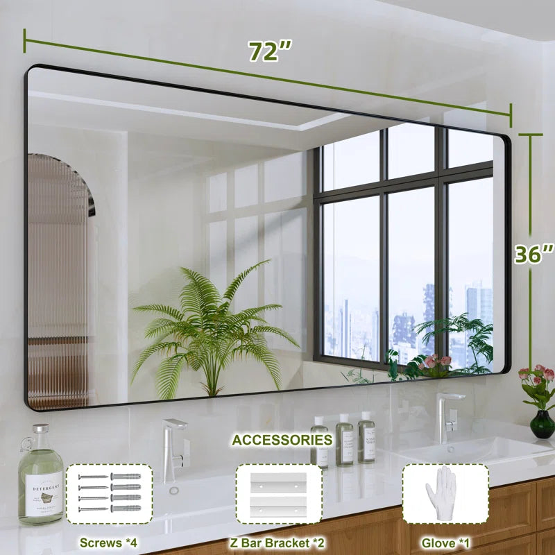 72" x 36"Filleted Corner Wall Mounted Mirror, Bathroom Mirror, Vanity Wall Mirror With Metal Frame