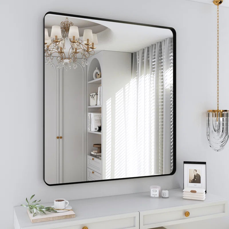 32" x 36"Filleted Corner Wall Mounted Mirror, Bathroom Mirror, Vanity Wall Mirror With Metal Frame