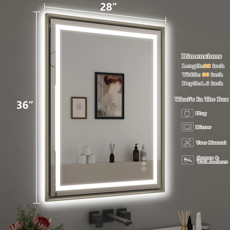 28" X 36" Hettel LED Bathroom Vanity Mirror with Front Lights Backlit Framed Dimmable Anti-Fog