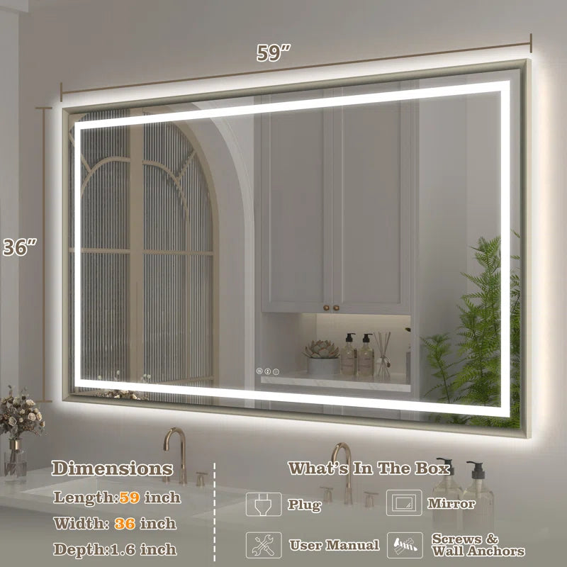 48" X 32" Hettel LED Bathroom Vanity Mirror with Front Lights Backlit Framed Dimmable Anti-Fog