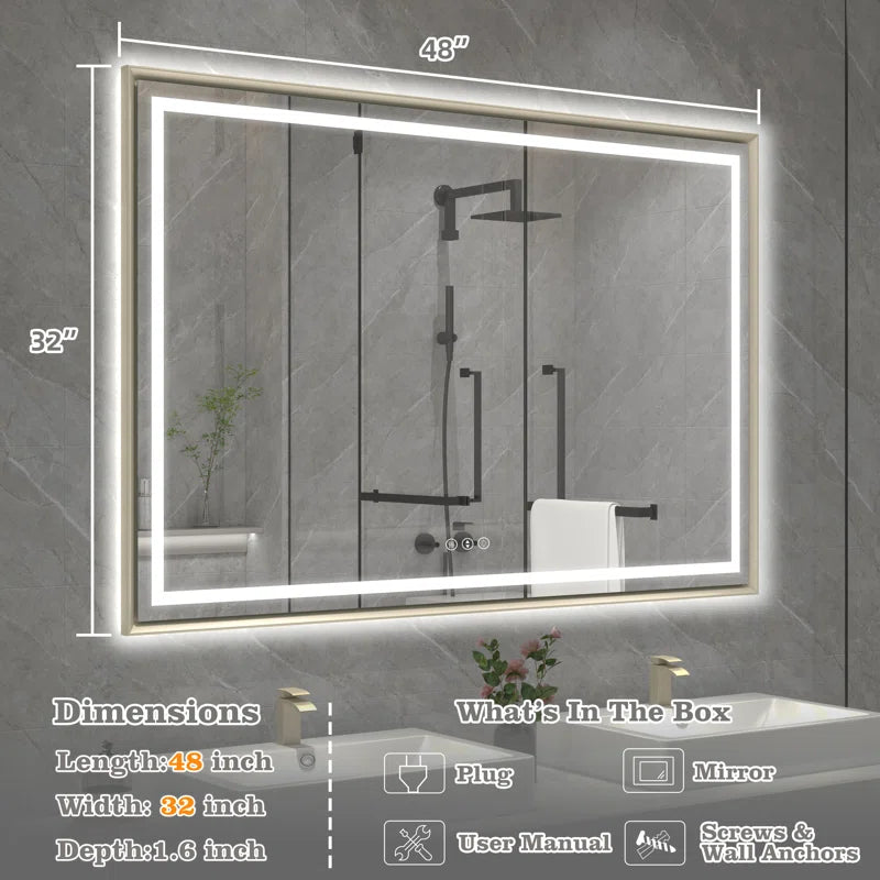 48" X 32" Hettel LED Bathroom Vanity Mirror with Front Lights Backlit Framed Dimmable Anti-Fog