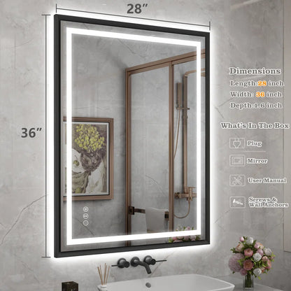 28" X 36" Hettel LED Bathroom Vanity Mirror with Front Lights Backlit Framed Dimmable Anti-Fog