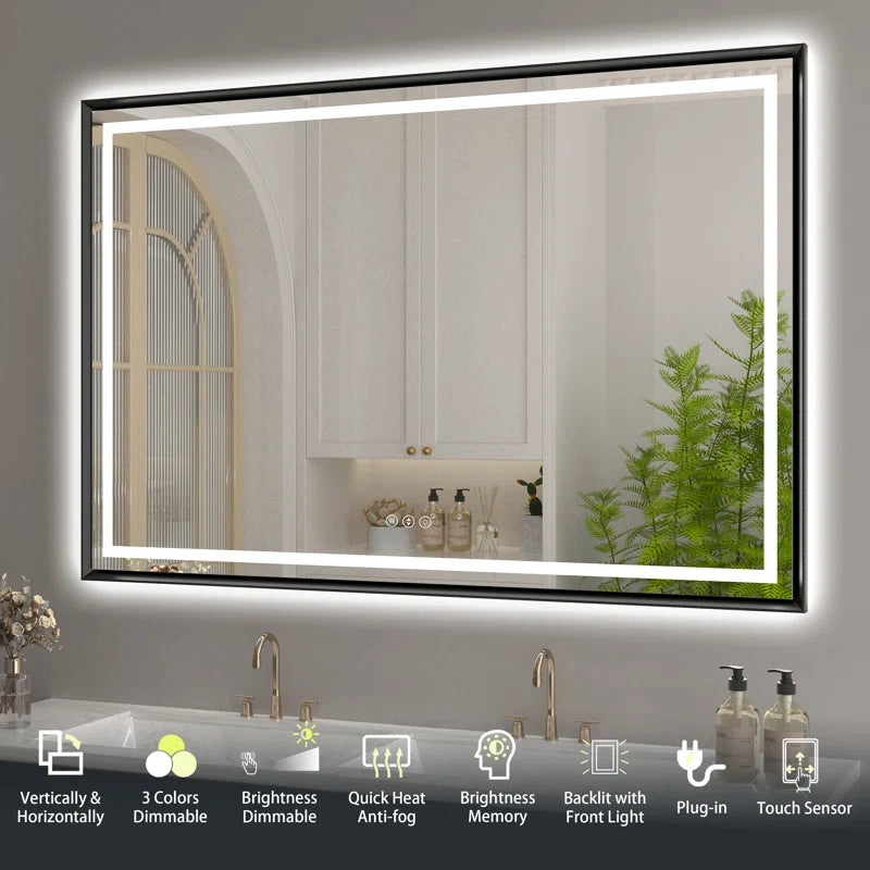 28" X 36" Hettel LED Bathroom Vanity Mirror with Front Lights Backlit Framed Dimmable Anti-Fog