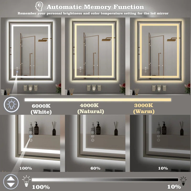 28" X 36" Hettel LED Bathroom Vanity Mirror with Front Lights Backlit Framed Dimmable Anti-Fog