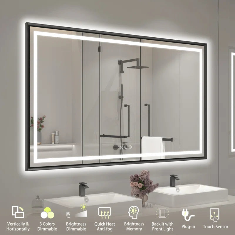 60" X 36" Hettel LED Bathroom Vanity Mirror with Front Lights Backlit Framed Dimmable Anti-Fog