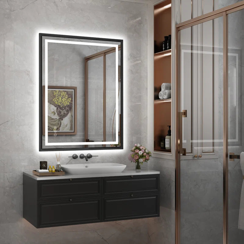 28" X 36" Hettel LED Bathroom Vanity Mirror with Front Lights Backlit Framed Dimmable Anti-Fog