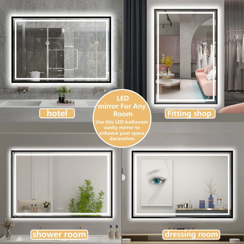 28" X 36" Hettel LED Bathroom Vanity Mirror with Front Lights Backlit Framed Dimmable Anti-Fog