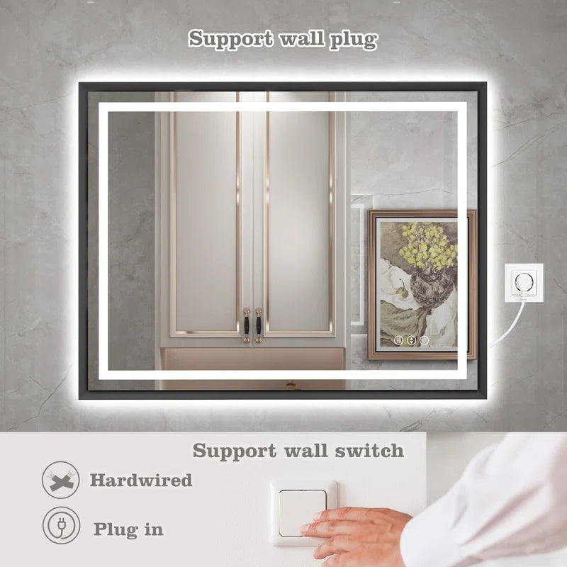 28" X 36" Hettel LED Bathroom Vanity Mirror with Front Lights Backlit Framed Dimmable Anti-Fog