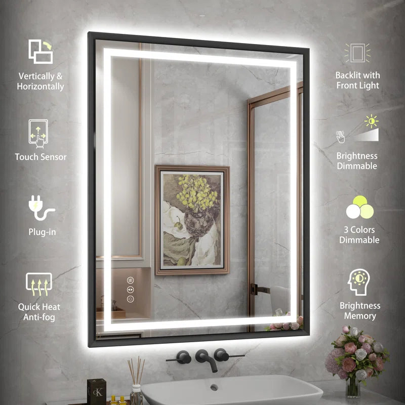 28" X 36" Hettel LED Bathroom Vanity Mirror with Front Lights Backlit Framed Dimmable Anti-Fog