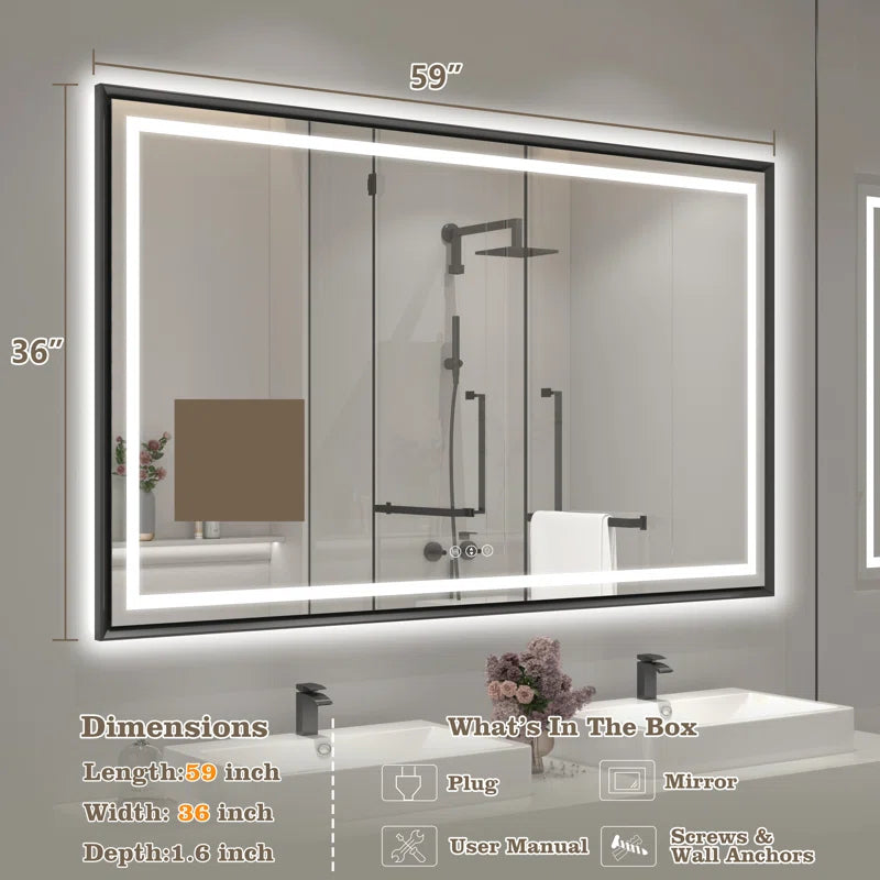 60" X 36" Hettel LED Bathroom Vanity Mirror with Front Lights Backlit Framed Dimmable Anti-Fog