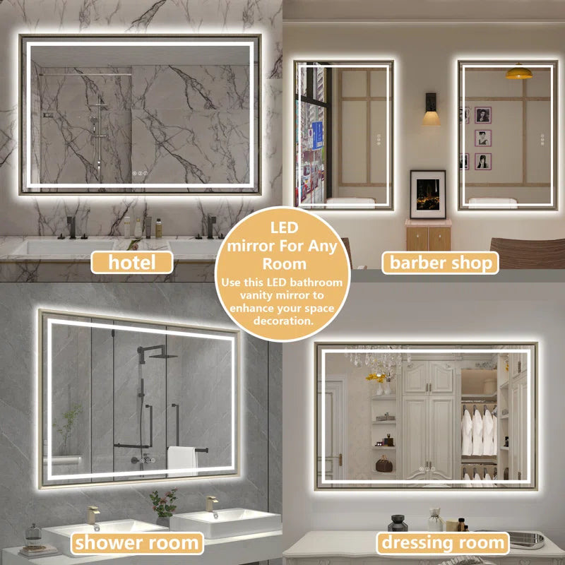 48" X 32" Hettel LED Bathroom Vanity Mirror with Front Lights Backlit Framed Dimmable Anti-Fog