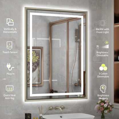 28" X 36" Hettel LED Bathroom Vanity Mirror with Front Lights Backlit Framed Dimmable Anti-Fog