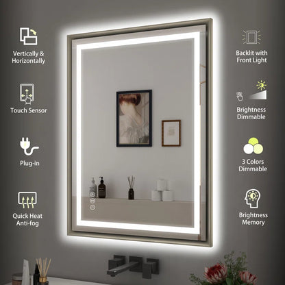 28" X 36" Hettel LED Bathroom Vanity Mirror with Front Lights Backlit Framed Dimmable Anti-Fog