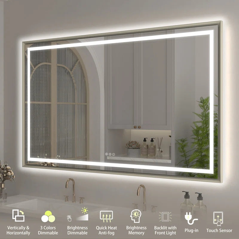 48" X 32" Hettel LED Bathroom Vanity Mirror with Front Lights Backlit Framed Dimmable Anti-Fog