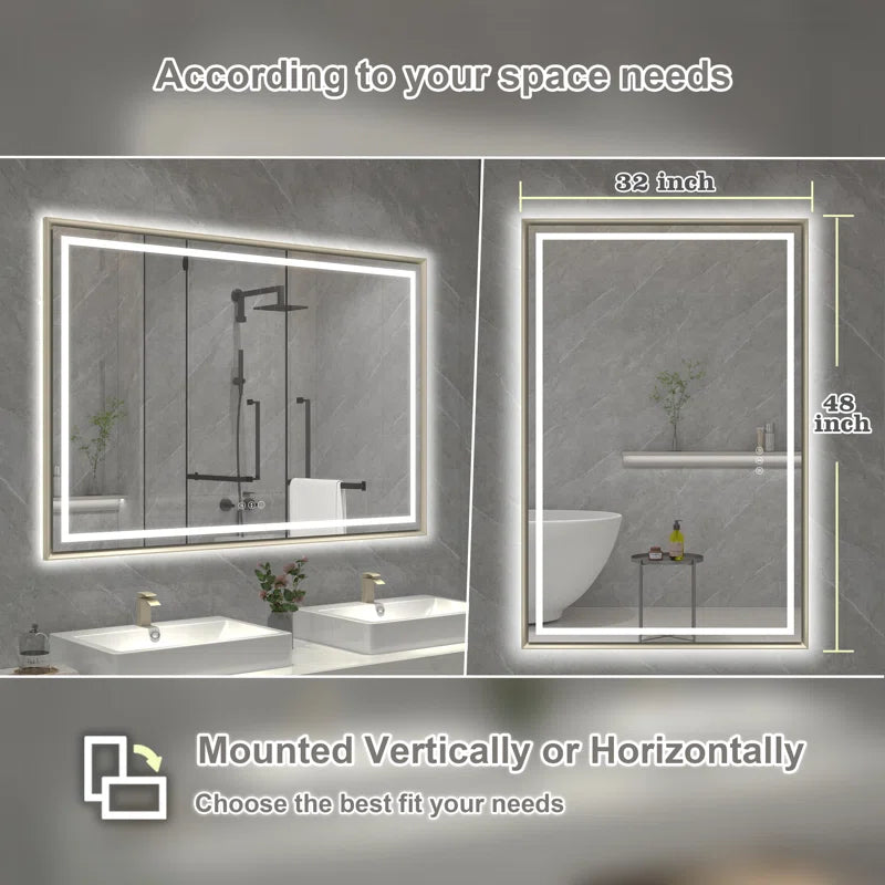 48" X 32" Hettel LED Bathroom Vanity Mirror with Front Lights Backlit Framed Dimmable Anti-Fog