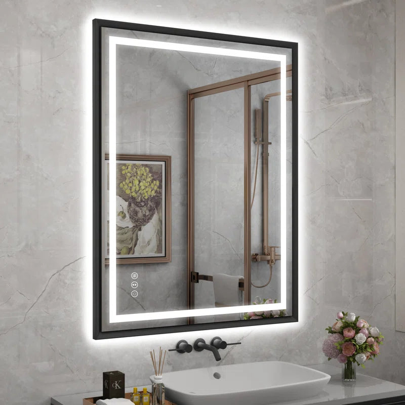 28" X 36" Hettel LED Bathroom Vanity Mirror with Front Lights Backlit Framed Dimmable Anti-Fog