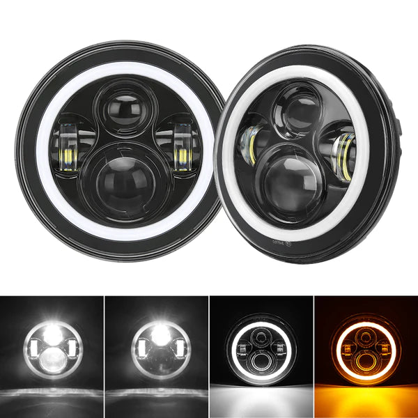 7inch Headlight With White-Yellow Halo Chrome Color –Black Box in Pairs