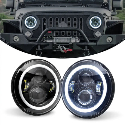 7inch Headlight With White-Yellow Halo Chrome Color –Black Box in Pairs