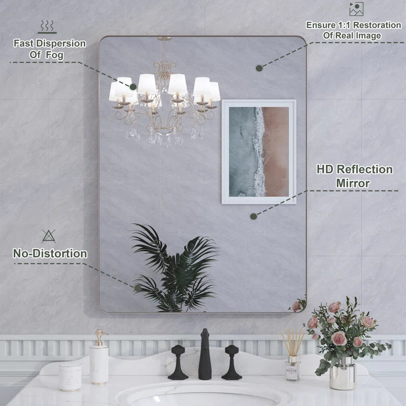 60" X 28" (Silver) Filleted Corner Wall Mounted Mirror, Bathroom Mirror, Vanity Wall Mirror With Metal Frame