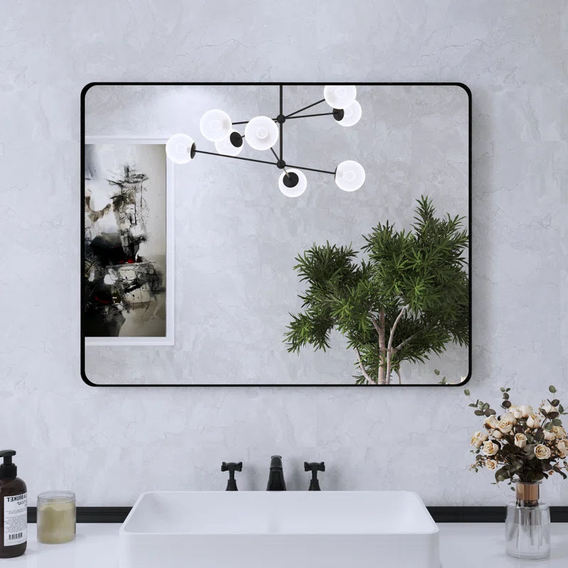 48" X 36" Filleted Corner Wall Mounted Mirror, Bathroom Mirror, Vanity Wall Mirror With Metal Frame