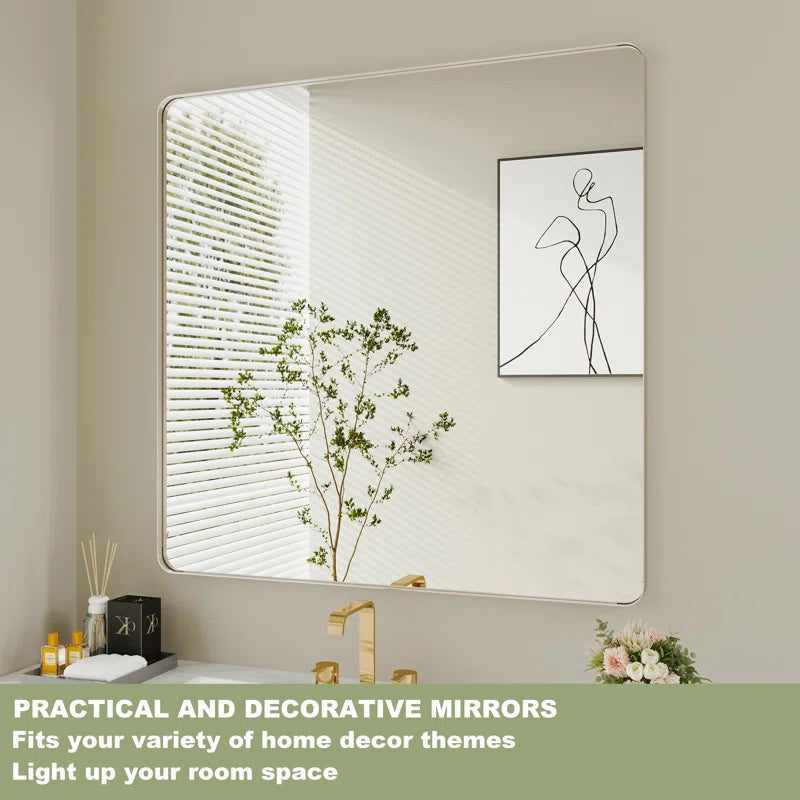 60" X 28" (Silver) Filleted Corner Wall Mounted Mirror, Bathroom Mirror, Vanity Wall Mirror With Metal Frame