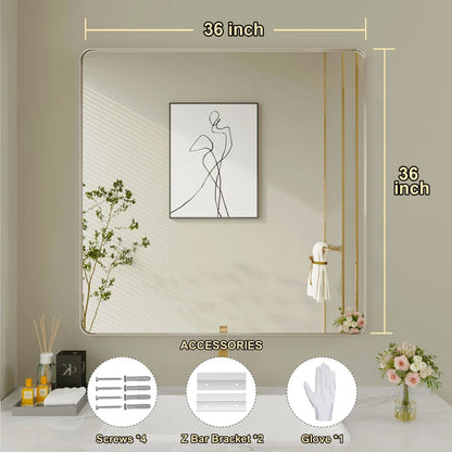 28" X 36" Filleted Corner Wall Mounted Mirror, Bathroom Mirror, Vanity Wall Mirror With Metal Frame