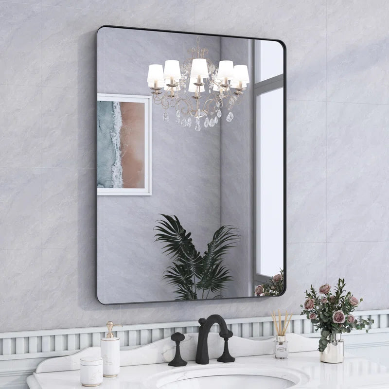 55" X 30" Filleted Corner Wall Mounted Mirror, Bathroom Mirror, Vanity Wall Mirror With Metal Frame