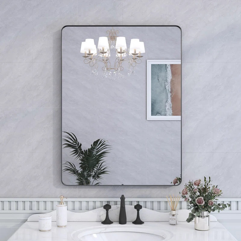 55" X 30" Filleted Corner Wall Mounted Mirror, Bathroom Mirror, Vanity Wall Mirror With Metal Frame