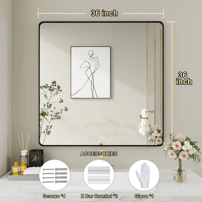 28" X 36" Filleted Corner Wall Mounted Mirror, Bathroom Mirror, Vanity Wall Mirror With Metal Frame