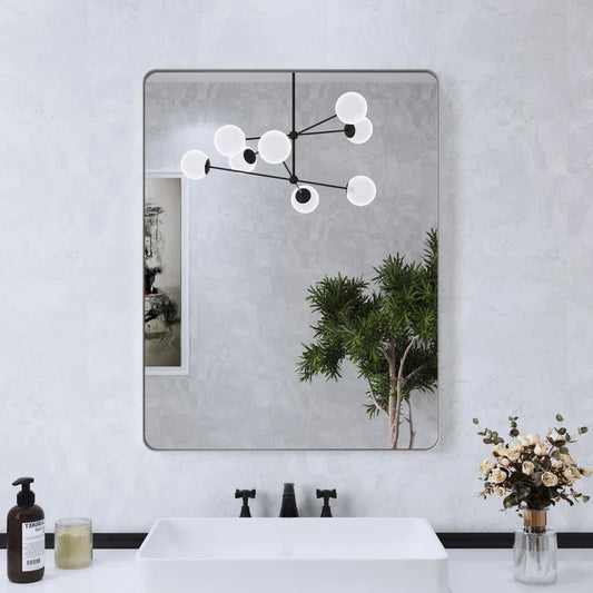 28" X 36 (Silver)Filleted Corner Wall Mounted Mirror, Bathroom Mirror, Vanity Wall Mirror With Metal Frame