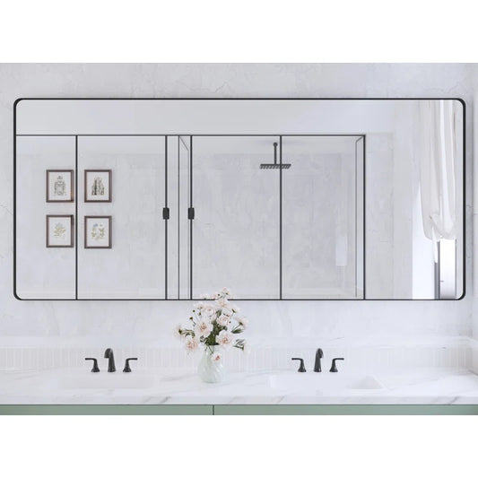 32" X 72" (Black) Filleted Corner Wall Mounted Mirror, Bathroom Mirror, Vanity Wall Mirror With Aluminum Frame