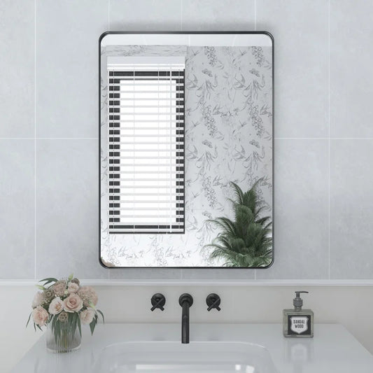 22" x 30"( Black)Filleted Corner Wall Mounted Mirror, Bathroom Mirror, Vanity Wall Mirror With Metal Frame